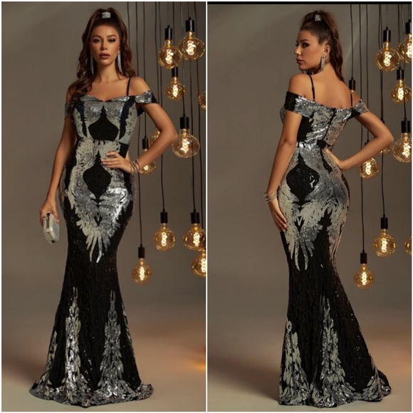 FAERIESTY Cold Shoulder Sequin Mermaid Prom Dress - Picture 1 of 11